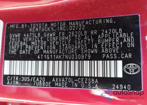 2022 Toyota Camry Se из США, поврежденный, VIN 4T1G11AK7NU030979